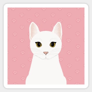 The cute white cat queen is watching you , white feathers and small kitten footsteps in the pink background Sticker